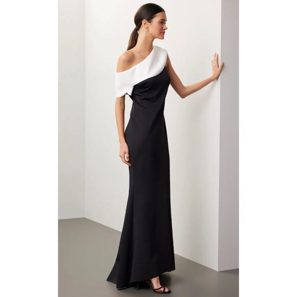 Badgley Mischka One Shoulder Black and White Gown - Picture 2 of 8